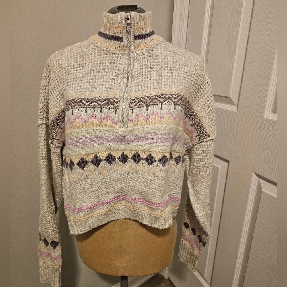 Sugar Moon Cozy Quarter Zip Cream and Mutliolor Crop Women's Sweater Sz M - Picture 2 of 7